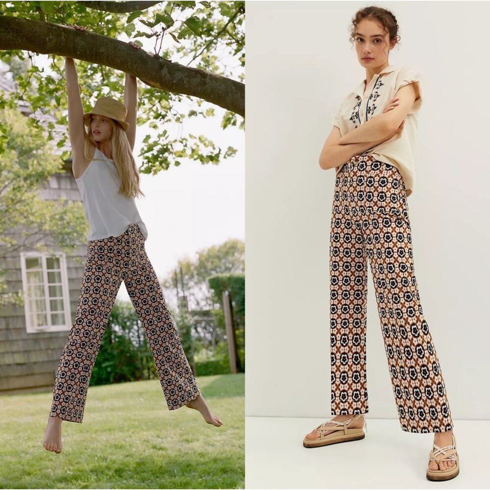 Anthropologie Geometric Print Wide-Leg Pants in Cream, Black & Tan